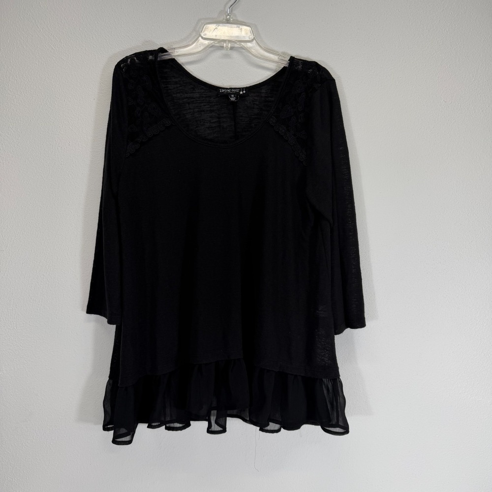 Living Doll LA Babydoll 3/4 Sleeve Lace Ruffle Trim Semi Sheer Black Tunic Sz 1X